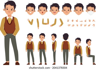 Businessman character constructor for different poses. Set of various men's faces. Illustration vector isolated on white background.