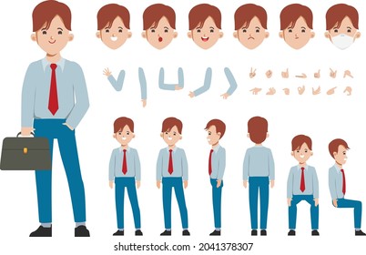 Businessman character constructor for different poses. Set of various men's faces. Illustration vector isolated on white background.