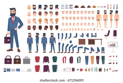 Businessman character constructor. Male clerk creation set. Different postures, hairstyle, face, legs, hands, accessories, clothes collection. vector cartoon illustration. Guy, front, side, back view.