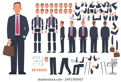 Constructor de caracteres de hombre de negocios. Conjunto de diferentes posiciones de brazos y piernas para la animación de un hombre de negocios, conjunto DIY. Ilustración vectorial en estilo plano