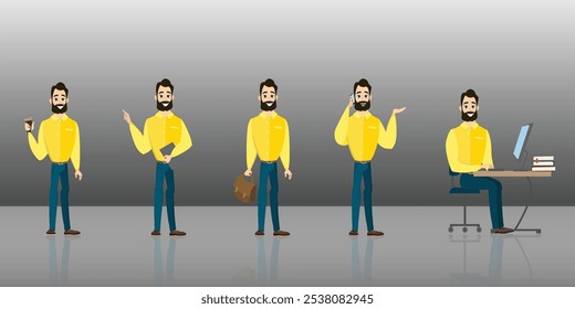 Empresario constructor de personajes. Conjunto de diferentes posiciones de brazos y piernas para la animación de un hombre de negocios, conjunto de bricolaje. Ilustración vectorial en estilo plano