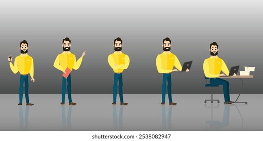 Empresario constructor de personajes. Conjunto de diferentes posiciones de brazos y piernas para la animación de un hombre de negocios, conjunto de bricolaje. Ilustración vectorial en estilo plano