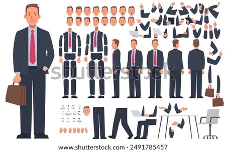 Businessman character constructor. Set of different positions of arms and legs for the animation of a businessman, DIY set. Vector illustration in flat style