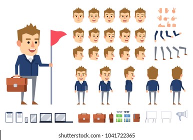 Businessman character creation kit. Creat your own pose, action, animation. Diverse poses, gestures, emotions, design elements. Flat style vector illustration