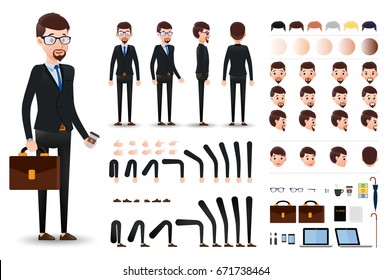 Businessman Character Creation Kit Template With Different Facial Expressions, Hair Colors, Body Parts And Accessories. Vector Illustration.
