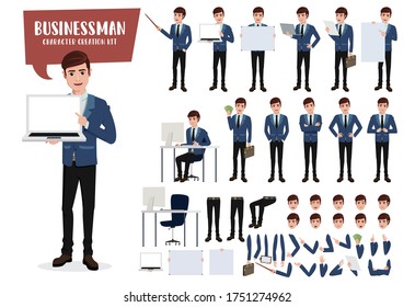 Businessman character creation kit vector set. Business man characters for office sales presentation editable create face, hand and body gestures and movement holding laptop with isolated body parts. 