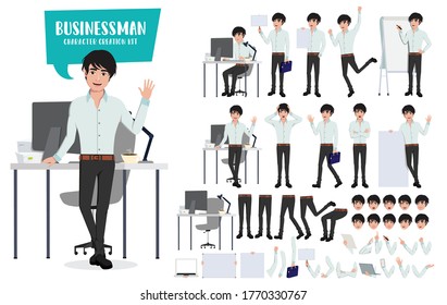 Businessman character creation kit and vector set. Business man young asian male characters office employee with editable body parts in desk for sales presentation. Vector illustration.