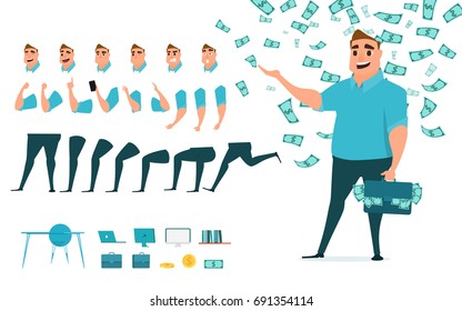 Businessman character creation set for animation. Parts body template. Different emotions, poses and  running, walking, standing, sitting. Cartoon Vector Illustration.
