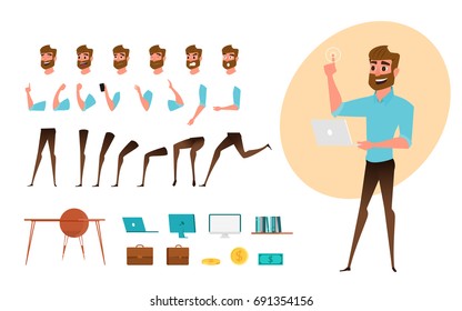 Businessman character creation set for animation. Parts body template. Different emotions, poses and  running, walking, standing, sitting. Cartoon Vector Illustration.