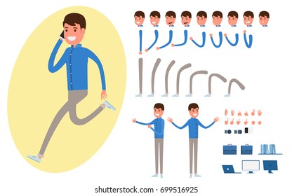 Businessman character creation set for animation. Parts of body template.Businessman using smart phone. Different emotions, poses and  running, walking, standing, sitting. Cartoon Vector Illustration.