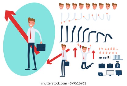 Businessman character creation set for animation. Parts of body template.Businessman Holding growing graph to success concept. Different emotions poses, walking, standing. Cartoon Vector Illustration.