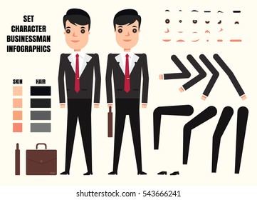 Businessman character creation set. Build your own design. Cartoon vector flat-style infographic illustration