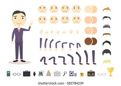 Businessman character creation set. Build your own design. Cartoon vector flat-style. White background. Vector illustration