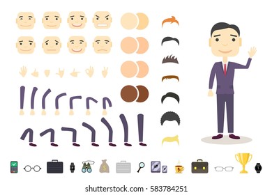 Businessman character creation set. Build your own design. Cartoon vector flat-style. White background. Vector illustration