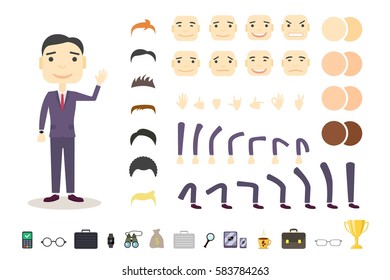 Businessman character creation set. Build your own design. Cartoon vector flat-style. White background. Vector illustration