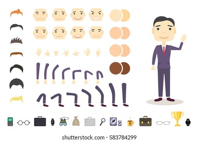 Businessman character creation set. Build your own design. Cartoon vector flat-style. White background. Vector illustration