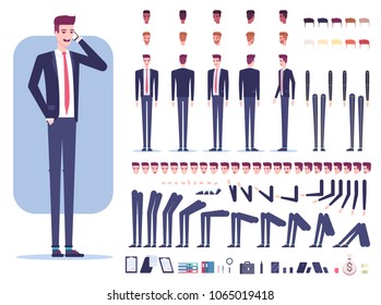 Businessman character creation set with different view, facial expressions, hair colors, skin tone, body parts, accessories and office supplies isolated on white background vector flat illustration.