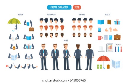 Businessman character creation. Set of different objects with which you can create a character businessman, clothing, faces. Front, side, back view of male person, with different emotions on the face.