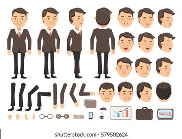 Businessman character creation set. Icons with different types of faces and hair style, emotions,  front, rear, side view of male person. Moving arms, legs. Vector illustration