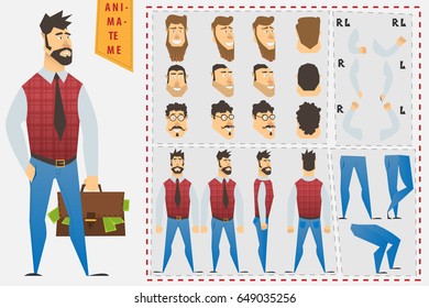 Businessman character creation set. Man with bag of money. Icons with different types of faces, emotions . Front, side, back view of male person. Moving arms, legs. Vector illustration
