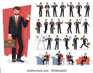 Businessman character creation set. Showing different gestures character vector design. Self confident businessman in different poses. Build your own design. Flat style infographic illustration.