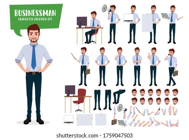 Businessman character creation vector set. Business man characters editable kit.  Create face and hand body part  movements,  isolated on white background. Vector illustration.