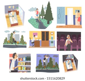Businessman Character Daily Routine Set, Man Waking Up, Running, Having Breakfast, Going to the Work, Shopping Vector Illustration