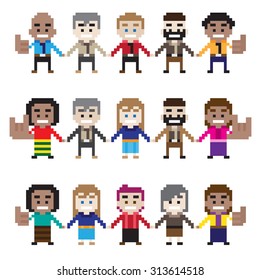 Businessman character design. business partner all around the world hold their hand together. (Set of 8 bit business people about economy and finance)