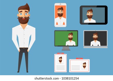 Businessman character design collection. Set of young male character in different type of gadgets. Vector illustration design.