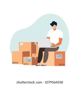 Businessman character design with e-commerce and online shopping icons . Symbols of shop, online payment, customer service and delivery.Cartoon for  business ,