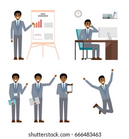 Businessman character design set. African black business man in suit making project presentation, point and showing laptop tablet, talk on mobile phone. cartoon flat. vector illustration isolated.