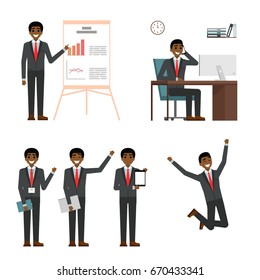 Businessman character design set. African black business man in suit making project presentation, point and showing laptop tablet, talk on mobile phone. cartoon flat. vector illustration isolated.