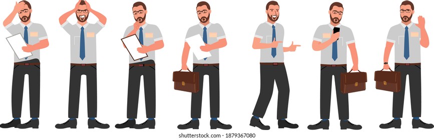 Businessman character design set. Manager is busy different things. Isolated on white background Vector