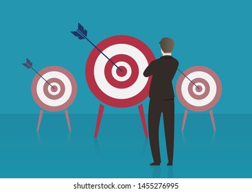 businessman character design and target with arrow in strategy concept ,Illustrations vector personnel leadership with cartoon flat idea and copy space for text.