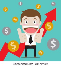 Businessman character design thumb up for arrow up and profit. (Set of business people about economy and finance)