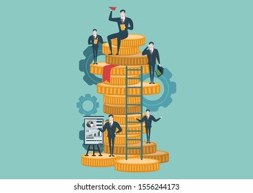 Businessman character design with vector illustration in a flat style ,People and staircase of gold coin,Business person learning to success,The investor holds money in ideas with strategy concept.