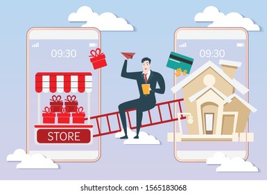 Businessman character design with vector illustration in a flat style in shopping online and trading concept.