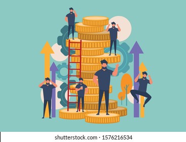 Businessman character design with vector illustration in a flat style ,People and staircase of gold coin,Business person learning to success,The investor holds money in ideas with strategy concept.