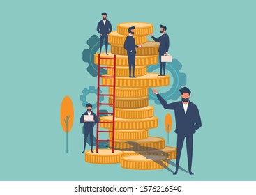 Businessman character design with vector illustration in a flat style ,People and staircase of gold coin,Business person learning to success,The investor holds money in ideas with strategy concept.