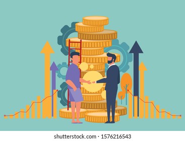 Businessman character design with vector illustration in a flat style ,People and staircase of gold coin,Business person learning to success,The investor holds money in ideas with strategy concept.