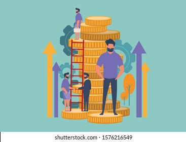 Businessman character design with vector illustration in a flat style ,People and staircase of gold coin,Business person learning to success,The investor holds money in ideas with strategy concept.