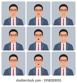businessman character designs with various expressions. from happy to angry. wearing glasses, a bundle set. avatar vector illustration