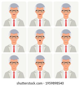 Businessman character designs, with various expressions, from happy to angry faces. wear glasses, in a bundle set.