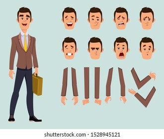 Businessman character with different facial expression and hand poses. Flat style character design for design, motion or animation.