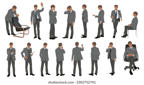 Carácter de hombre de negocios en diferentes poses. Un hombre de negocios guapo con traje formal de pie, caminando, sentado, con teléfono, frente, espalda, vista lateral. Ilustración vectorial realista fijada en fondo blanco