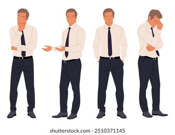 Personagem de empresário em diferentes poses. Bonito homem de negócios em camisa branca e gravata de pé, apontando, pensando. Ilustrações planas vetoriais isoladas sobre fundo branco