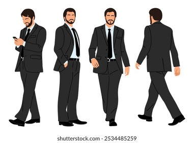 Businessman character in different poses. Handsome business man in formal suit standing, walking, front, back, side view, using phone. Vector flat illustration set isolated on white background. 