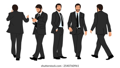 Businessman character in different poses. Handsome business man in formal suit standing, walking, front, back, side view, using phone. Vector flat illustration set isolated on white background.