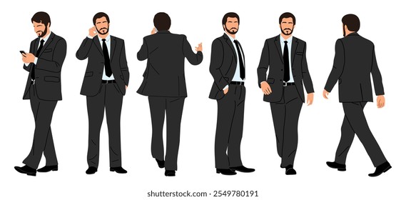 Businessman character in different poses. Handsome business man in formal suit standing, walking, front, back, side view, using phone. Vector flat illustration set isolated on white background.