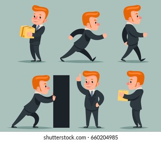Businessman Character Different Positions Actions Icons Set Retro Cartoon Design Vector Illustration